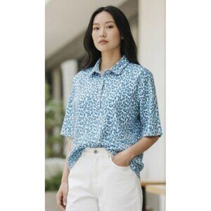 Nivo Blue White Leopard Print Half Sleeve Polo Golf Top M